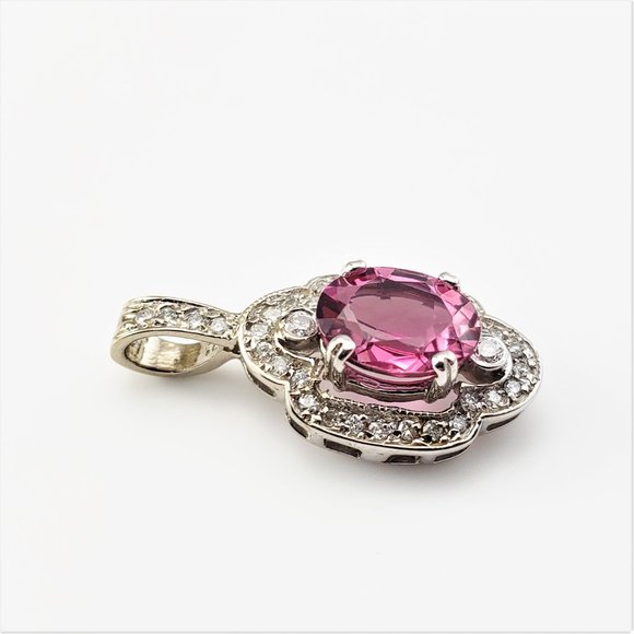 Vintage 14 Karat White Gold Red Tourmaline and Diamond Pendant #8454 - Picture 3 of 9